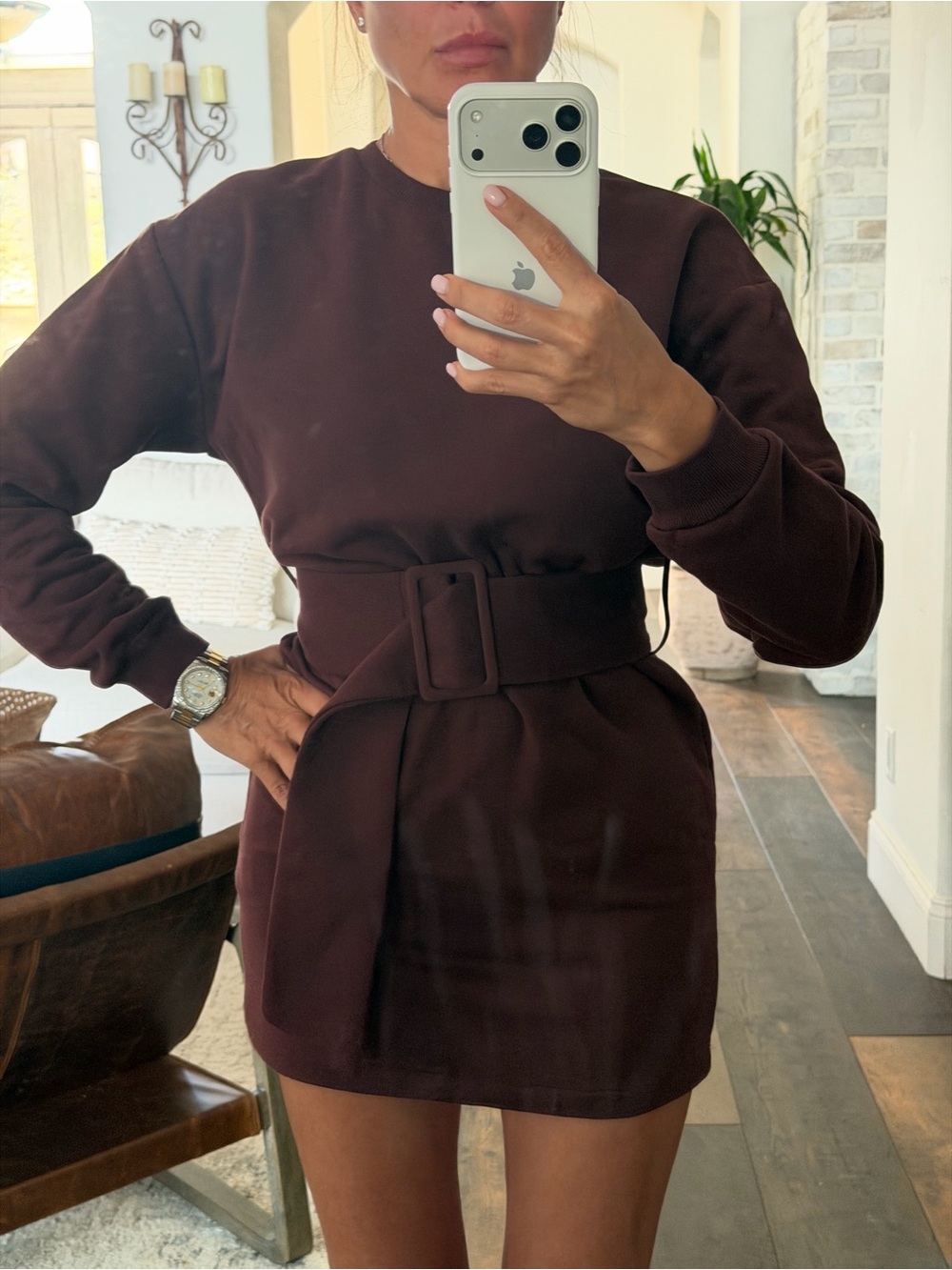 Topshop Chocolate Brown Belted Long-Sleeve Mini Dress